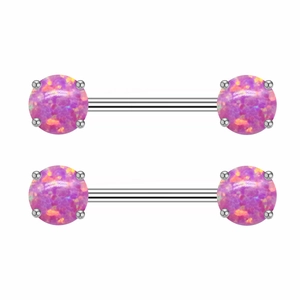 Macro detail of twisted stainless steel nipple rings with pink opal claw setting