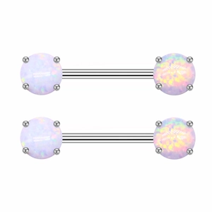 Detailed close-up of opal nipple rings with polished stainless steel bar and four-claw setting