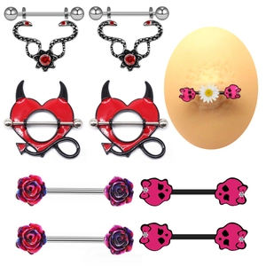 Set of surgical steel nipple rings featuring snake, skull, rose, and devil horn designs