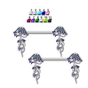 Kwal tepelpiercings in zilver met blauwe textuur en paarse edelsteen tentakels
