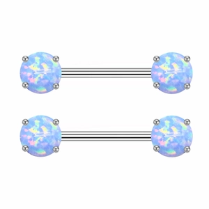 Pair of stainless steel nipple rings with light blue opal stones in a four-claw setting