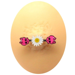 Gothic nipple barbell with white daisy flower and pink skull ends for body piercing