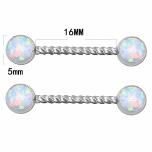 Detail of twisted stainless steel barbell jewelry with 16mm rod and 5mm opal stone