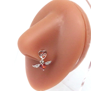 L-shaped stainless steel nose stud with a winged red heart zircon and shiny silver finish