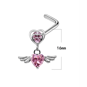 L-shaped stainless steel nose stud with pink heart zircon and silver angel wings charm