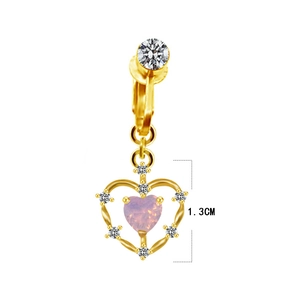 Golden heart navel ring clip with pink stone and white rhinestones, 1.3cm height