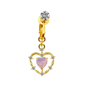 Golden heart navel ring featuring a pink heart-shaped stone and white crystal accents