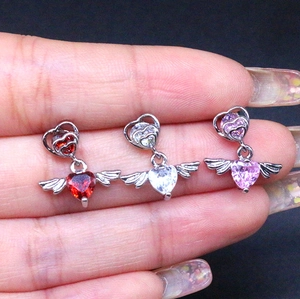 Stainless steel L-shaped heart wing nose rings with red, white and pink zircon crystals