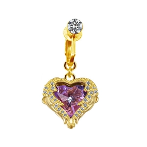 Golden heart navel ring with purple stone and white diamonds on white background