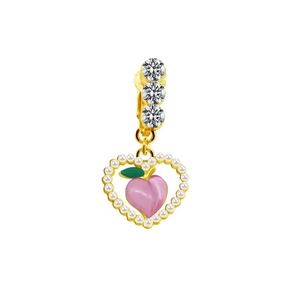 Golden heart navel ring with pearls, peach charm, and sparkling triple zircon accents