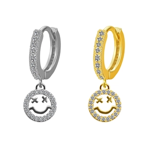 Orecchini a cerchio in oro e argento con ciondolo smiley con occhi a X e diamanti