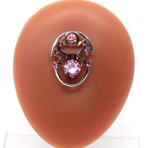 Detail view of silver stainless steel belly ring with pink zircon dolphin-shaped frame