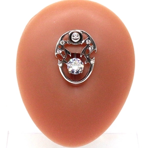 Polished dolphin belly ring with white zircon stones and hollow tribal oval design
