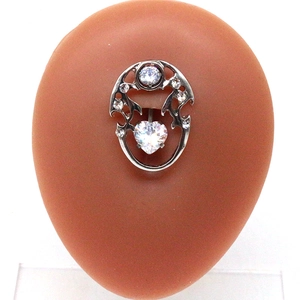 Polished stainless steel belly ring with hollow oval frame and heart-shaped white zircon