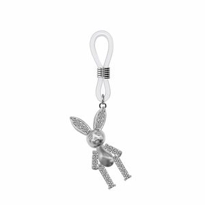 Pendentif lapin argenté avec incrustation de zircon et connecteur en silicone antidérapant