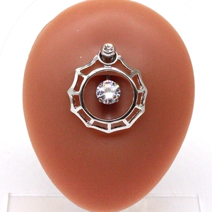 Polished stainless steel belly button ring with large white zircon and web design