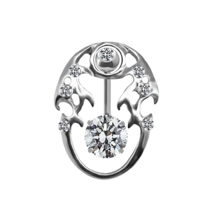 Macro shot of silver navel ring with hollow pattern and sparkling zircon stones