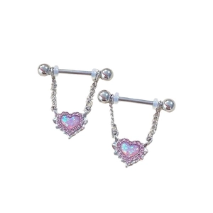 Pink heart opal nipple rings with silver steel barbell and sparkling rhinestone edges