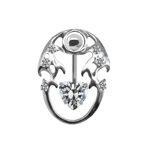 Polished stainless steel navel ring featuring heart-shaped zircon and hollow floral design
