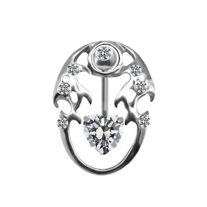 Macro view of silver dolphin heart navel ring with crystal studs and polished finish