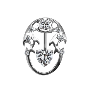Close-up of dolphin belly button ring with heart-shaped crystal and sparkling zircon