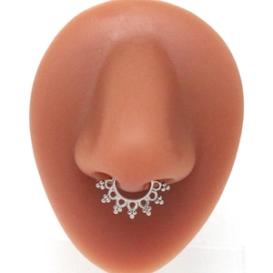 Silver skull mandala non-pierced septum ring clip with ornate beaded pattern details