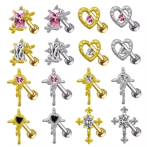 Clous d'oreilles croix et cœur en acier or et argent avec pierres zircons colorées