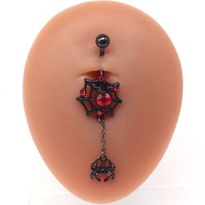 Gothic navelpiercing zwart spinnenweb met rode strass steentjes en spin hanger