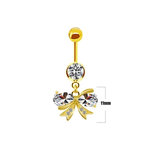 Detailed view of gold plated belly button ring with heart bow pendant and 11mm dimensions