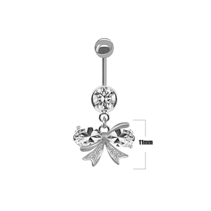 Detailed view of silver bow-shaped belly ring with crystal wings and 11mm pendant size