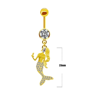 Detail view of golden mermaid belly ring showing 23mm pendant length and crystal tail