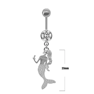 Detail view of 23mm mermaid belly piercing with silver metal and sparkling crystals