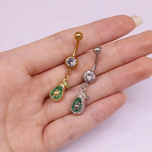 Piercings de ombligo con forma de aguacate, cristales verdes y circón en dorado y plateado