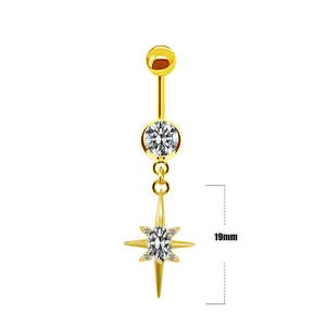 Detail view of 19mm gold starburst belly ring with sparkling zircon stones and curved bar