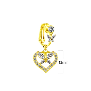 Detail eines 12 mm goldenen Herz-Ohrclips mit Schmetterlings-Strasssteinen und Kristallen