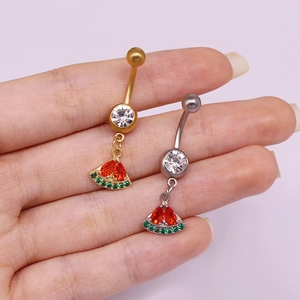 Piercing para ombligo con colgante de sandía y circonitas en oro y plata