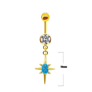 Detailed 19mm gold star pendant navel ring with oval blue gem and crystal accents