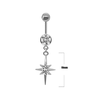 Detail of silver belly ring with starburst pendant and 19mm length measurement