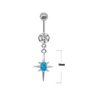Detailed view of silver belly ring with blue star pendant and 19mm dimension scale