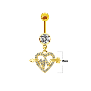Detail showing gold heart belly ring with crystals and 12mm heartbeat pattern pendant