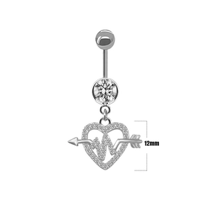 Detail view of silver navel piercing with heart pendant and 12mm size measurement