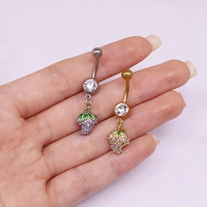 Piercing ombligo fresa con cristales morados y esmalte verde en acabado dorado y plateado