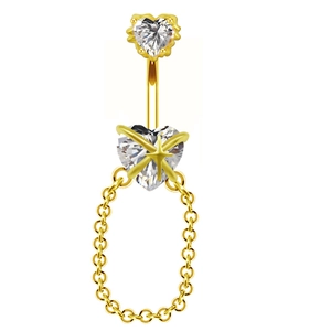 Piercing de ombligo corazón dorado con circón y cadena colgante sobre fondo blanco