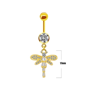 Detail view of a 17mm gold dragonfly navel ring with crystal pave heart dangle piercing