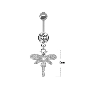 Detail of dragonfly belly ring with sparkling zircon stones and 17mm pendant length