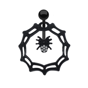 Nahaufnahme von schwarzem Spinnennetz Bauchnabelpiercing mit 316L Edelstahl und Strass