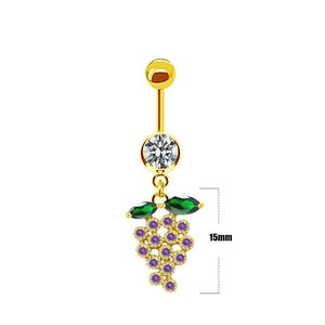 Detailed view of grape pendant belly ring with 15mm length and purple crystals