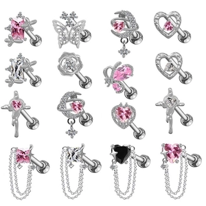 Lot de 16 boucles d'oreilles en acier inoxydable avec cœurs roses et motifs papillon