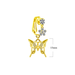 Goldener Schmetterling Clip-on Bauchnabelring und Ohrklemme mit Zirkonia und 15mm Höhe