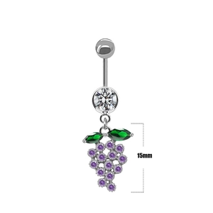 Detail of 15mm grape pendant navel ring with purple gems and green marquise crystals